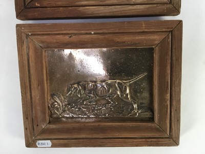 Lot 783 - Pair of bronze relief panels depicting sporting dogs, signed Pezot, mounted in wooden frames, 20.5cm x 25.5cm overall