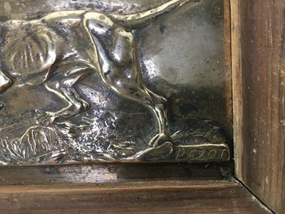 Lot 783 - Pair of bronze relief panels depicting sporting dogs, signed Pezot, mounted in wooden frames, 20.5cm x 25.5cm overall