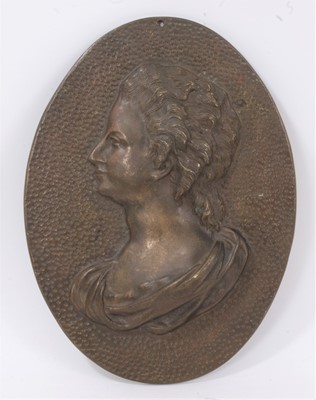 Lot 593 - Oval bronze relief portrait plaque of a lady