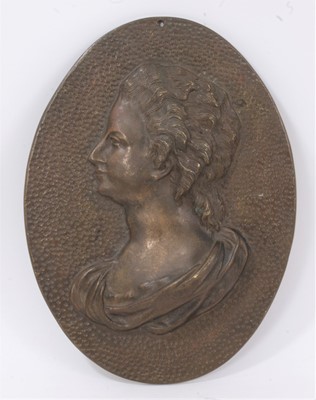 Lot 612 - Oval bronze relief portrait plaque of a lady