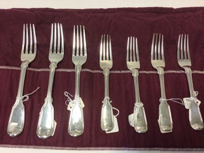 Lot 4 - Seven 19th century fiddle and thread pattern silver forks, including four dessert and three table, hallmarked between 1819 and 1859, 17.2oz
