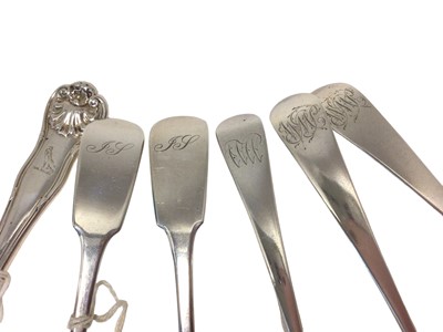 Lot 13 - Group of six silver sauce ladles, including a pair of fiddle pattern ladles (Edinburgh 1836 and 1838), a Willliam IV fiddle, thread and shell pattern ladle and three Georgian ladles, the largest 18...