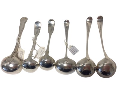Lot 13 - Group of six silver sauce ladles, including a pair of fiddle pattern ladles (Edinburgh 1836 and 1838), a Willliam IV fiddle, thread and shell pattern ladle and three Georgian ladles, the largest 18...