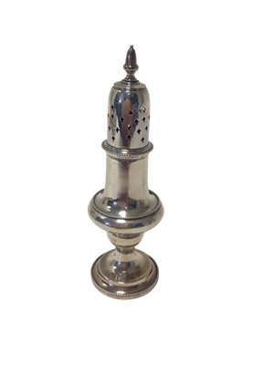 Lot 21 - Victorian silver caster of slender baluster form with beaded decoration, Birmingham 1894 (Mitchell Boseley & Co), 15.5cm high, 3.1oz