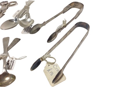 Lot 26 - Group of Georgian and later silver, including a pair of sugar nips c.1740, two pairs of Georgian tongs, Georgian shovel spoon, other flatware, 12oz