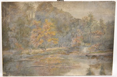 Lot 1005 - Maitland Mason (1861-1951) oil on canvas, View of the ponds, Polstead, 30.5cm x 46cm, together with a view of a green lane, believed to be Polstead, 36cm x 25.5cm, unframed (2)