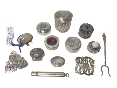 Lot 41 - Group of silver and white metal, mostly boxes, including Danish and Spanish silver, and a pencil, pickle fork, brooch and guilloche enamel box all marked for English sterling, etc