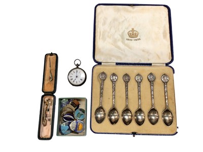 Lot 1119 - Cased set of six commemorative George V silver teaspoons, together with a silver pocket watch, a group of tie pins, and a group of enamel pin badges, including Butlins