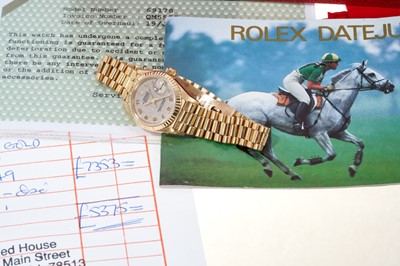 Lot 428 - Ladies Rolex 18ct gold Oyster Perpetual DateJust wristwatch, model 69178. Boxed with papers.