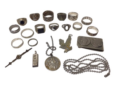 Lot 84 - Group of silver and white metal rings, silver ingot pendant, plated money clip mounted with two coins and other items
