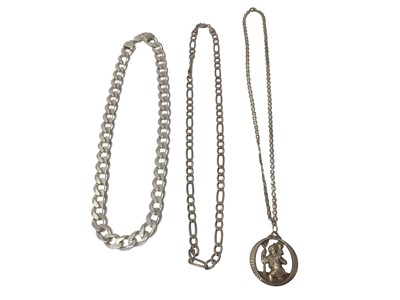 Lot 85 - Heavy silver curb link chain, stamped 'Italy 925', 4.5oz, together with another silver chain, 1.1oz, and a sterling St. Christopher pendant, 0.8oz, on a white metal chain