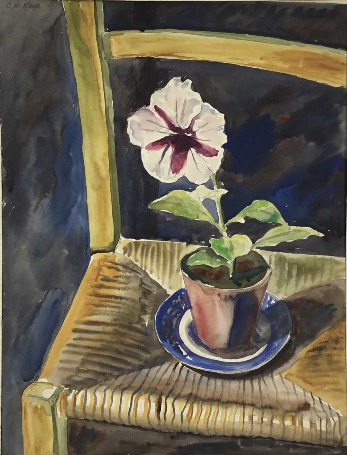 Lot 5 - Colin Moss (1914-2005) watercolour, flower pot on a chair, signed, 44 x 32cm