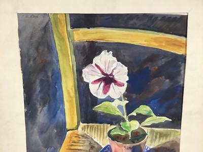 Lot 5 - Colin Moss (1914-2005) watercolour, flower pot on a chair, signed, 44 x 32cm