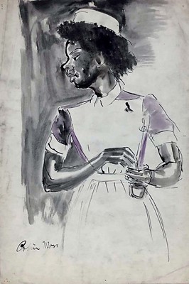 Lot 7 - Colin Moss (1914-2005), pen and watercolour - Portrait of a nurse, signed 66 x 38cm