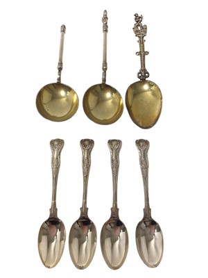 Lot 91 - Two heavy Victorian silver gilt Renaissance-style spoons, London 1876, together with a continental silver gilt spoon, and a set of four Mappin & Webb fiddle, thread and shell pattern teaspoons, tot...