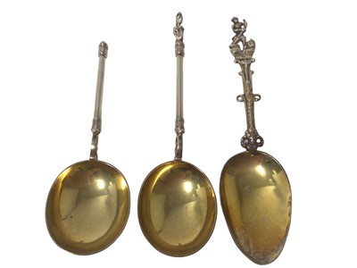 Lot 91 - Two heavy Victorian silver gilt Renaissance-style spoons, London 1876, together with a continental silver gilt spoon, and a set of four Mappin & Webb fiddle, thread and shell pattern teaspoons, tot...