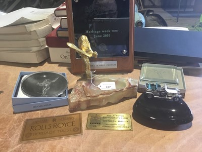 Lot 127 - 1970s Rolls-Royce gold plated Spirit of Esctasy mounted onyx ashtray and related souvenirs (8)