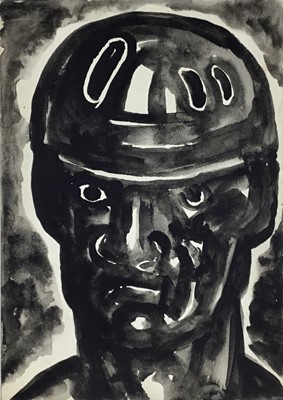Lot 17 - Colin Moss (1914-2005) indian ink, Miner, 21 x 15cm, together with two further works on paper by Colin Moss