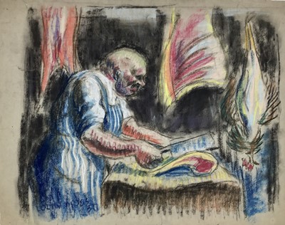 Lot 18 - Colin Moss (1914-2005) mixed media, The butcher, signed and dated '50, 41 x 51cm
