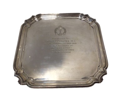 Lot 100 - Silver salver, of square shape with pie crust rim, on four scroll feet, with Royal Observer Corps presentation inscription, Sheffield 1942, 20.5cm wide, 16.8oz