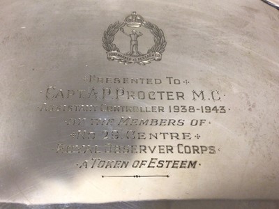 Lot 100 - Silver salver, of square shape with pie crust rim, on four scroll feet, with Royal Observer Corps presentation inscription, Sheffield 1942, 20.5cm wide, 16.8oz