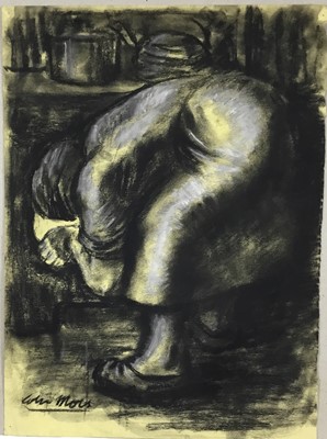 Lot 28 - Colin Moss (1914-2005) mixed media, Figure at a stove, signed, 52 x 38cm