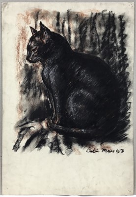 Lot 41 - Colin Moss (1914-2005) mixed media, cat, signed and dated '53, 56 x 40cm