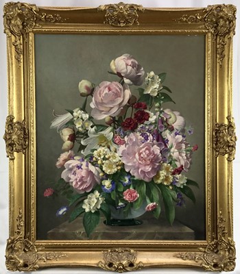 Lot 122 - John E Nicholls signed oil on board - Still Life of Flowers, 59cm x 49cm, in gilt frame