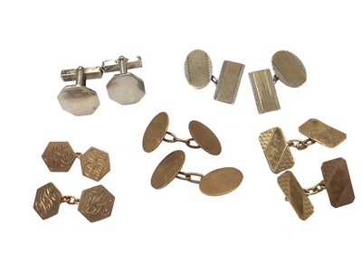 Lot 1051 - Three pairs of 9ct gold cufflinks together with two pairs of silver cufflinks