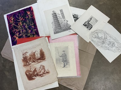 Lot 160 - A folder of original work and prints belonging to the late Mary Laing, late MOMA New York and collector of East Anglian artists, including  pencil sketch of Peter Clough, a watercolour signed and i...