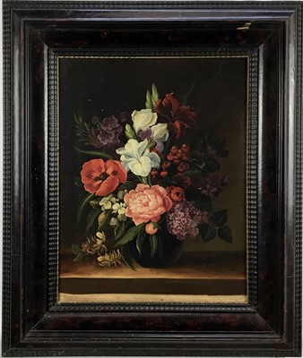 Lot 223 - Dutch School, 17th century-style oil on canvas - still life summer flowers, in faux tortoiseshell rubble moulded frame