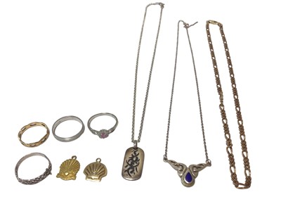 Lot 114 - Three 9ct gold rings, two 9ct gold ‘Shell’ pendants, 9ct gold chain, two silver necklaces and a silver dress ring (9 items)