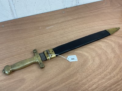 Lot 869 - 19th Century French 1831 Pattern 'Gladius' Short Sword, with ribbed brass hilt and steel blade, in leather scabbard with brass mounts, crossguard and scabbard stamped '415'.