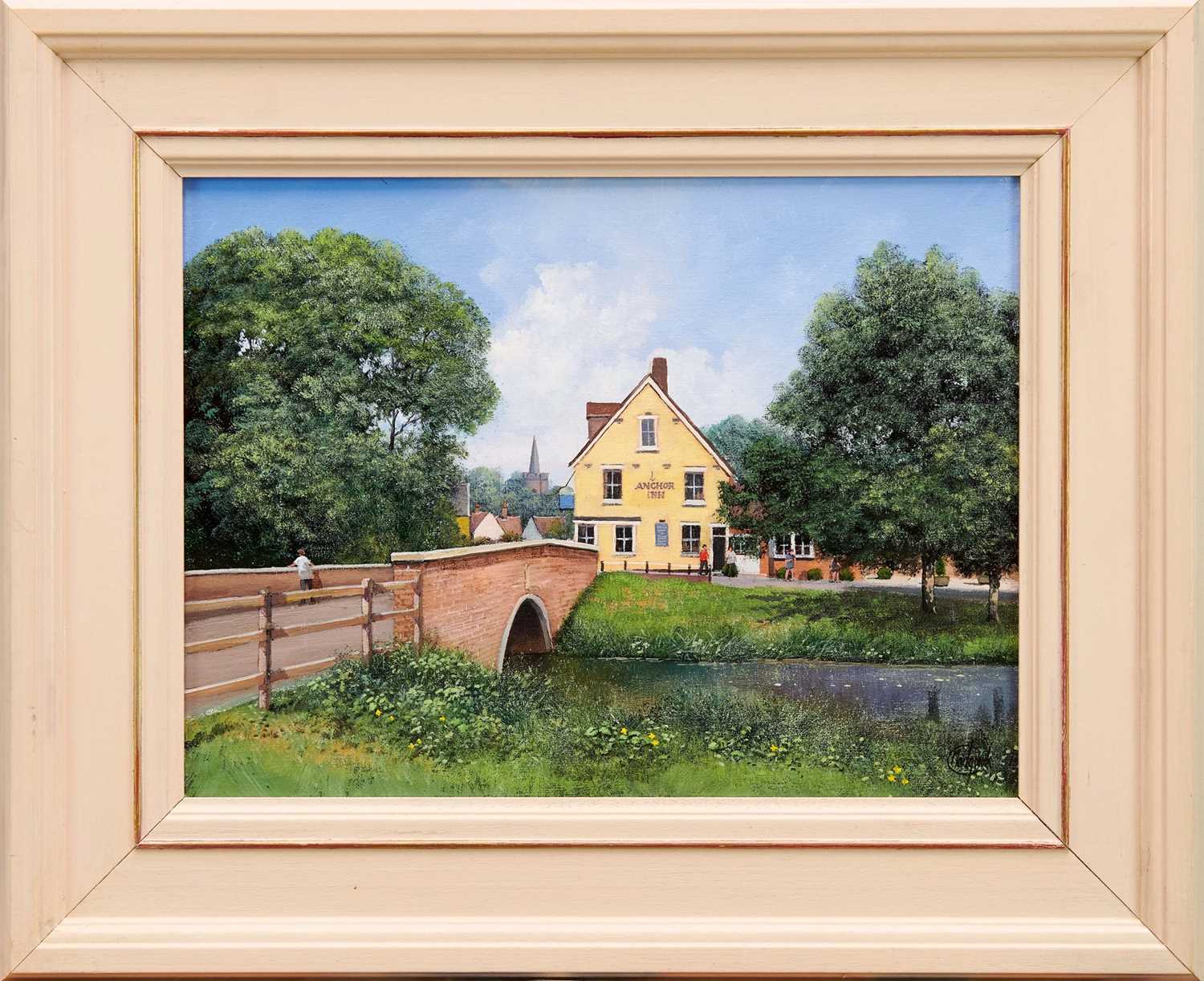 Lot 820 - *Clive Madgwick (1939-2005) acrylic on canvas -  The Anchor Inn, Nayland, signed, dated 2004 verso, 30.5cm x 40.5cm, framed