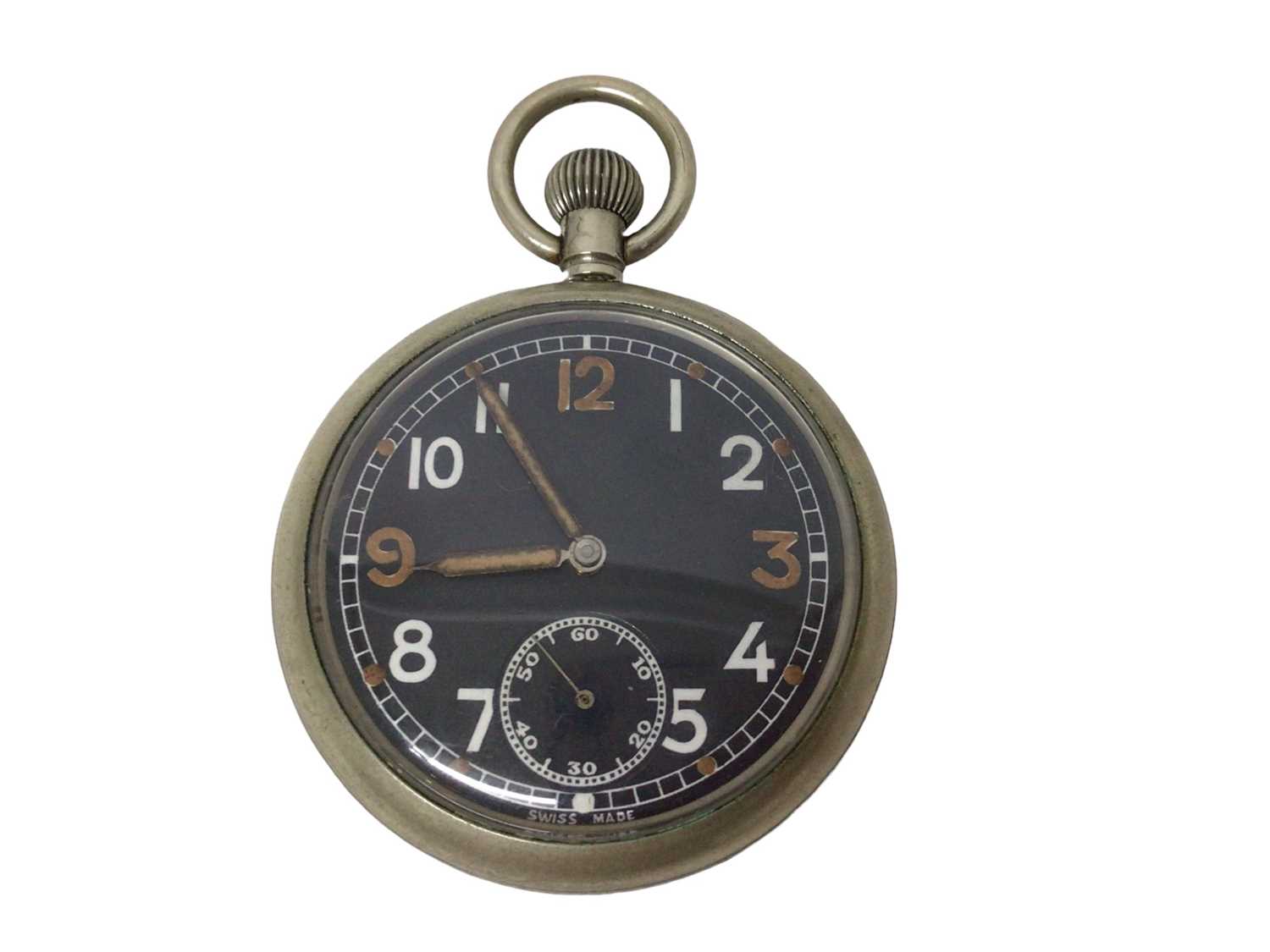 Lot 124 - Military G.S.T.P. Pocket watch, with engraved broad arrow mark and numbered M26463 to reverse, 5cm diameter