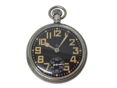 Lot 125 - Military pocket watch with black dial, luminous Arabic numerals and hands, engraved broad arrow mark and numbered 0552/520-8049, 17006 to reverse, 5cm case diameter