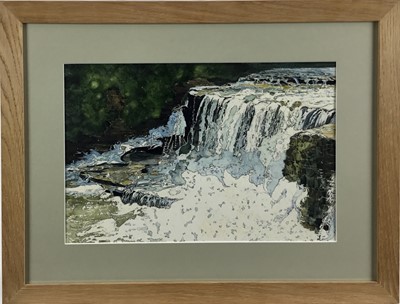 Lot 45 - Pam Dan (Wivenhoe) signed mixed media - a waterfall, possibly Swallows Falls, Wales, dated '90, 27cm x 41cm mounted in glazed oak frame