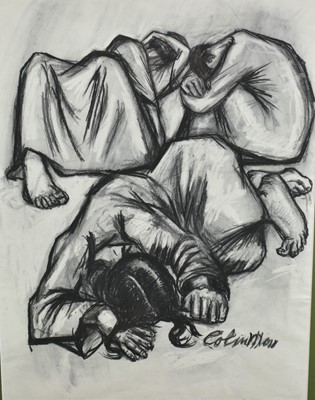 Lot 963 - *Colin Moss (1914-2005) charcoal, 'Two figures crouching, one lying', signed, 79cm x 58cm, in glazed frame