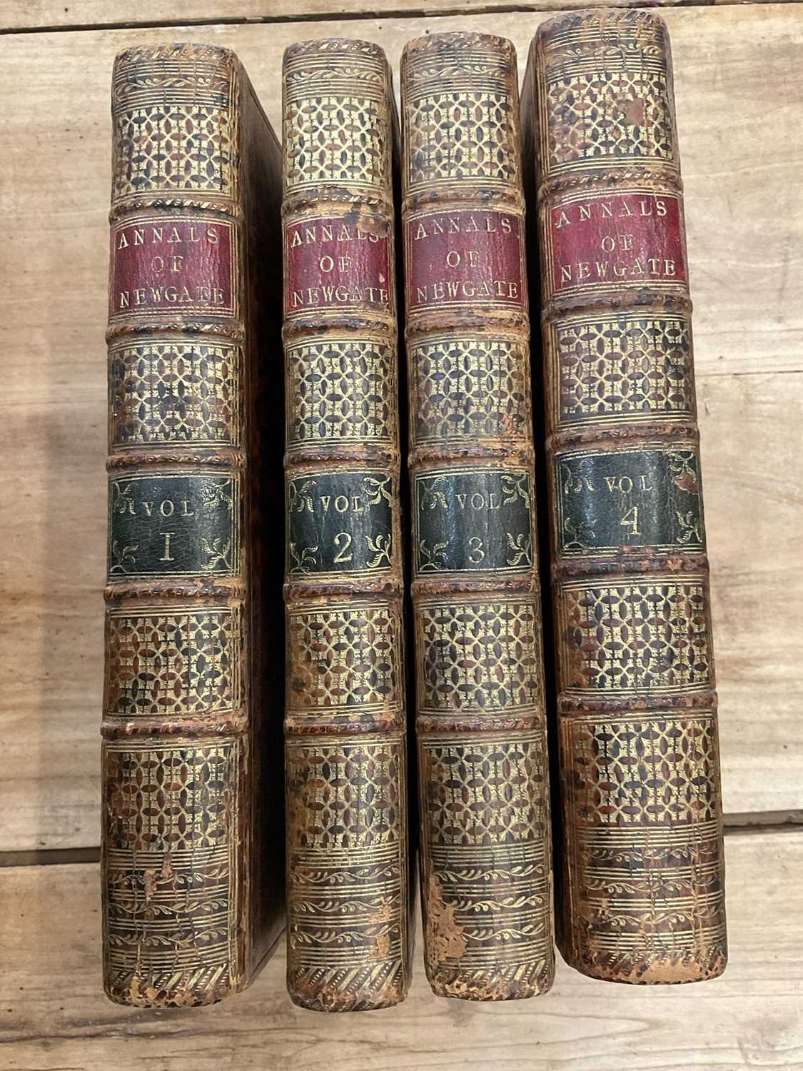Lot 1668 - John Villette -  The Annals of Newgate or Malefactors Register, London: Printed for J. Wenman, 1776. 4 vols. Illustrated Accounts of "The Most Notorious Malefactors" decorative plates, mottled calf...