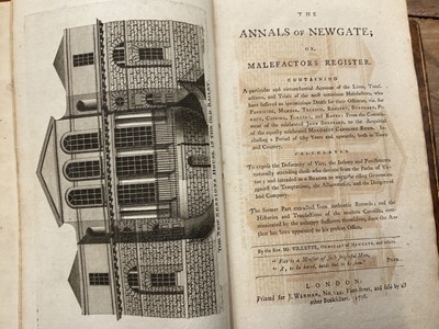 Lot 1668 - John Villette -  The Annals of Newgate or Malefactors Register, London: Printed for J. Wenman, 1776. 4 vols. Illustrated Accounts of "The Most Notorious Malefactors" decorative plates, mottled calf...