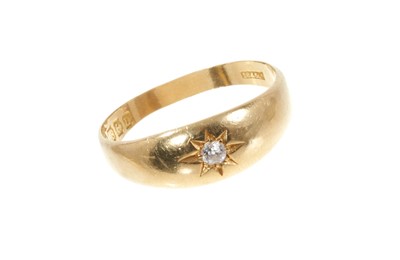 Lot 316 - Early 20th century 18ct gold and diamond gypsy ring with an old cut diamond estimated to weigh approximately 0.10cts, in star-shape gypsy setting on tapered gold shank, hallmarked Birmingham 1919....