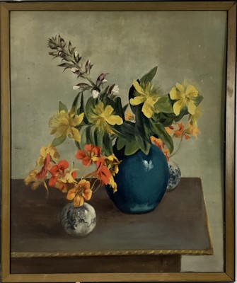 Lot 121 - David Hill (1914-1977), egg tempera on board, Still life of flowers in vases, signed and dated 1971, 62 x 50cm, framed