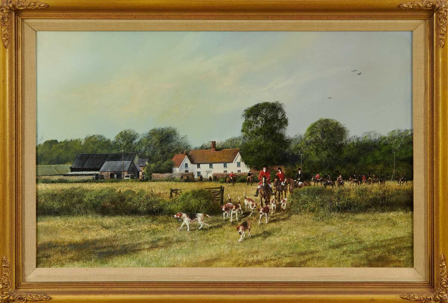 Lot 796 - *Clive Madgwick (1939-2005) oil on canvas - The Essex & Suffolk Hounds at Groton Hall, signed, 35.5cm x 56cm, in gilt frame