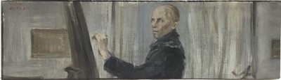 Lot 128 - David Hill (1914-1977), egg tempera on board, Self portrait, signed and dated 1964, 18 x 61cm