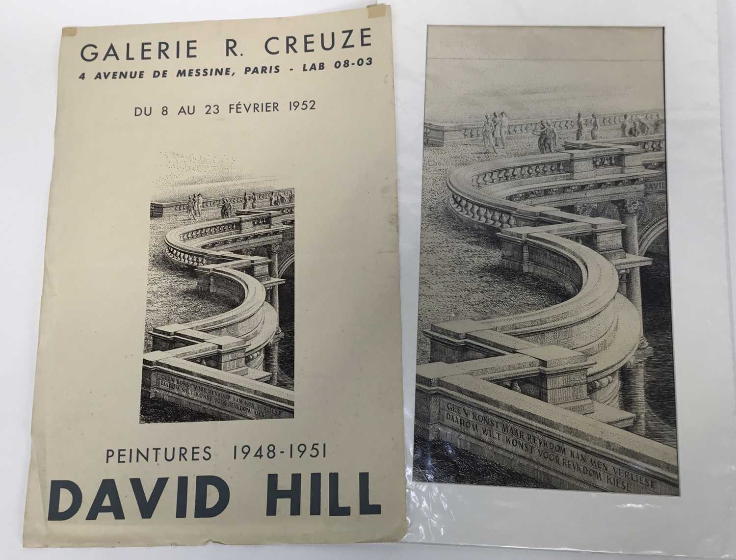 Lot 81 - David Hill (1914-1977), pen and ink, surrealist architectural study with figures, 42 x 22cm, accompanied by a Gallerie R. Creuze poster illustrated with the current lot. (2)