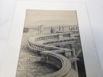 Lot 81 - David Hill (1914-1977), pen and ink, surrealist architectural study with figures, 42 x 22cm, accompanied by a Gallerie R. Creuze poster illustrated with the current lot. (2)