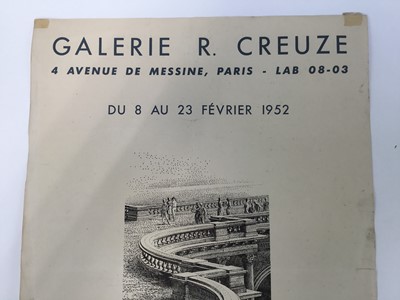 Lot 81 - David Hill (1914-1977), pen and ink, surrealist architectural study with figures, 42 x 22cm, accompanied by a Gallerie R. Creuze poster illustrated with the current lot. (2)