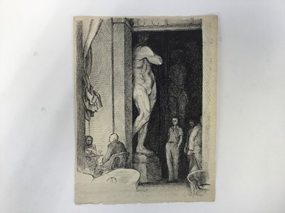 Lot 82 - David Hill (1914-1977), pen and ink, figures in a museum, 30 x 23cm, together with a group of illustration work by the artist, in a variety of media. (10)