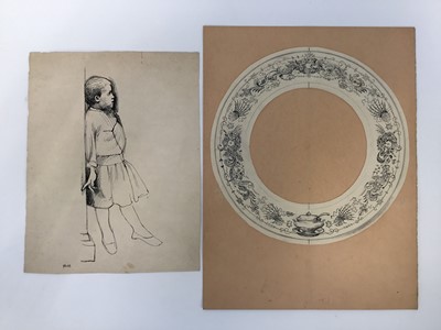 Lot 82 - David Hill (1914-1977), pen and ink, figures in a museum, 30 x 23cm, together with a group of illustration work by the artist, in a variety of media. (10)