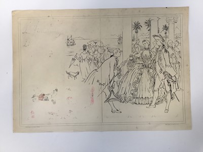 Lot 82 - David Hill (1914-1977), pen and ink, figures in a museum, 30 x 23cm, together with a group of illustration work by the artist, in a variety of media. (10)
